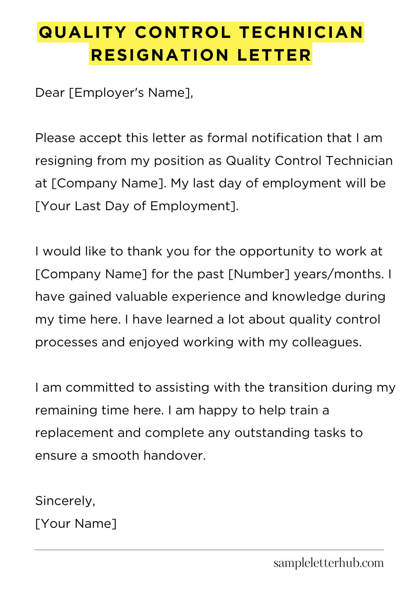 Quality Control Technician Resignation Letter