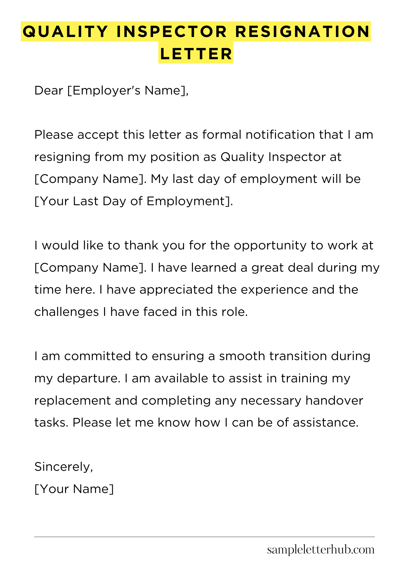 Quality Inspector Resignation Letter