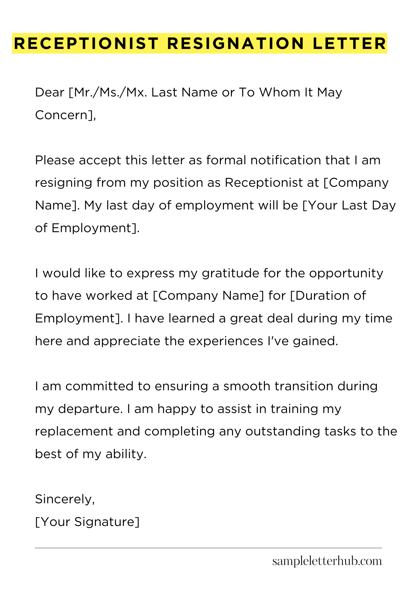 Receptionist Resignation Letter