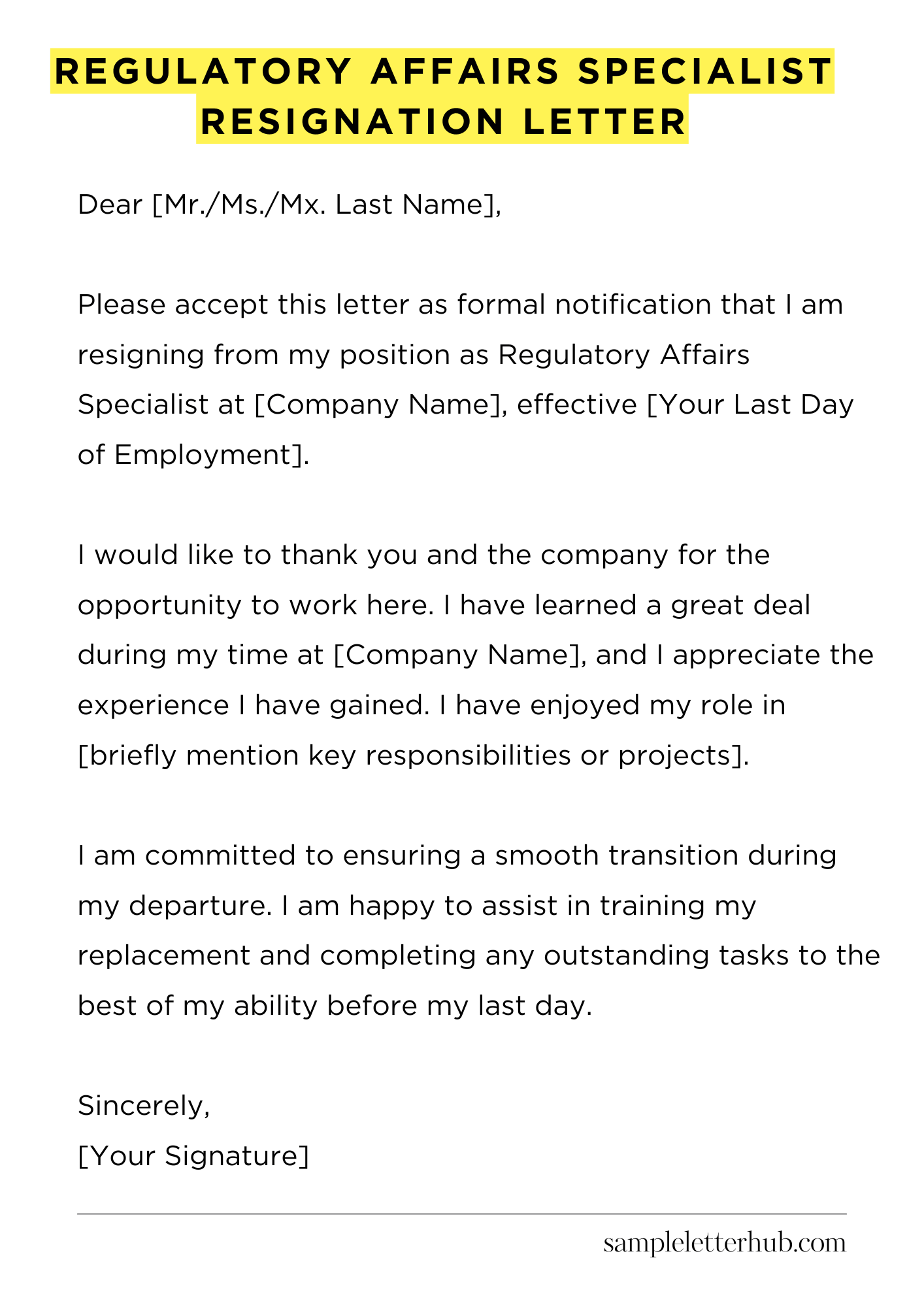 Regulatory Affairs Specialist Resignation Letter