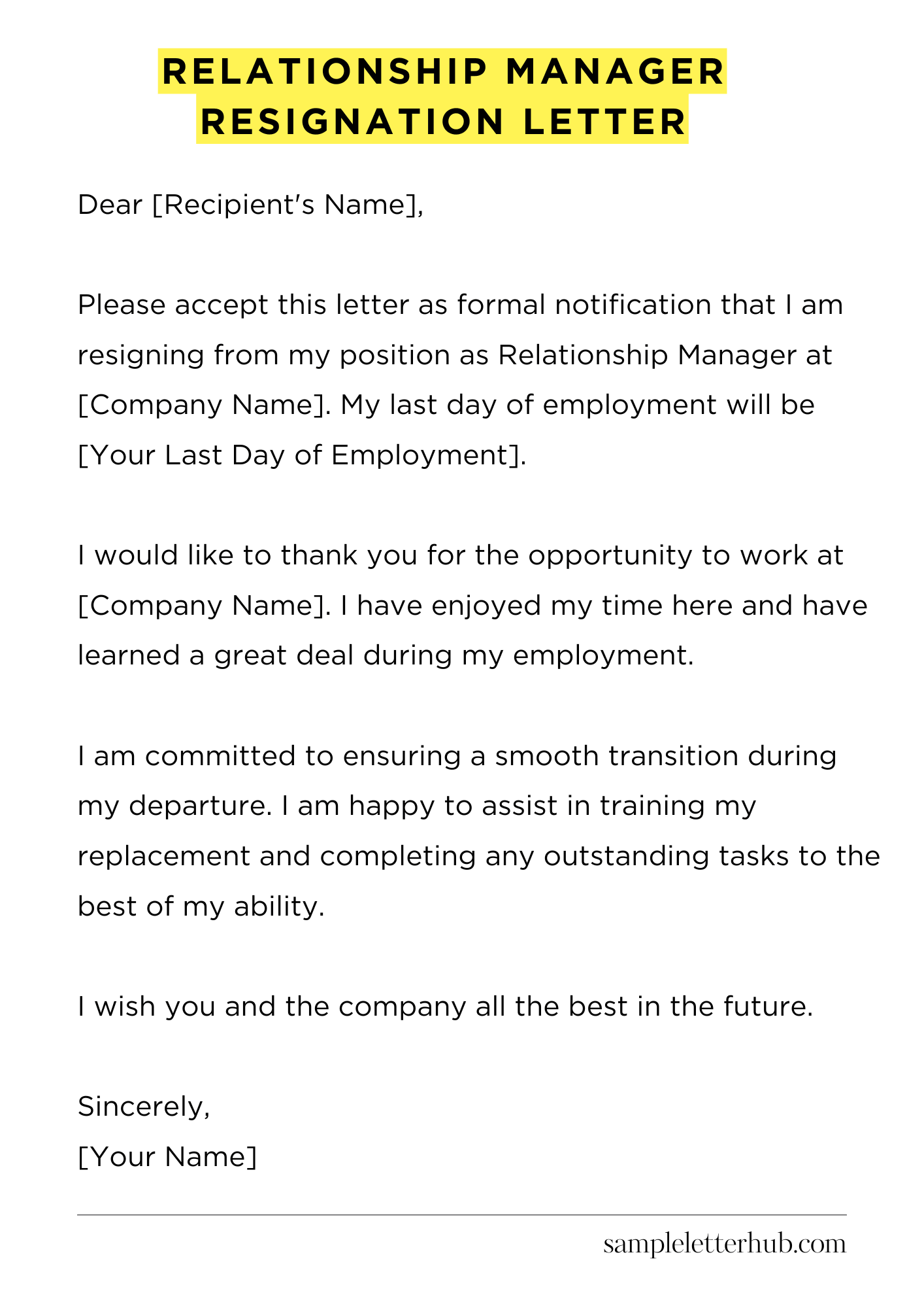 Relationship Manager Resignation Letter