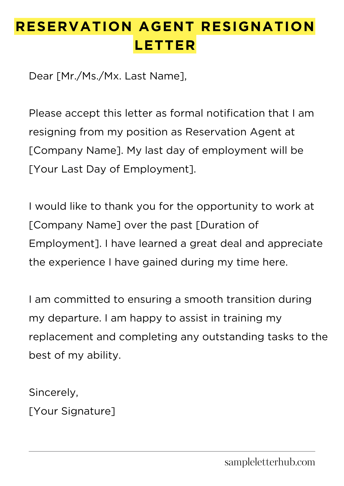 Reservation Agent Resignation Letter