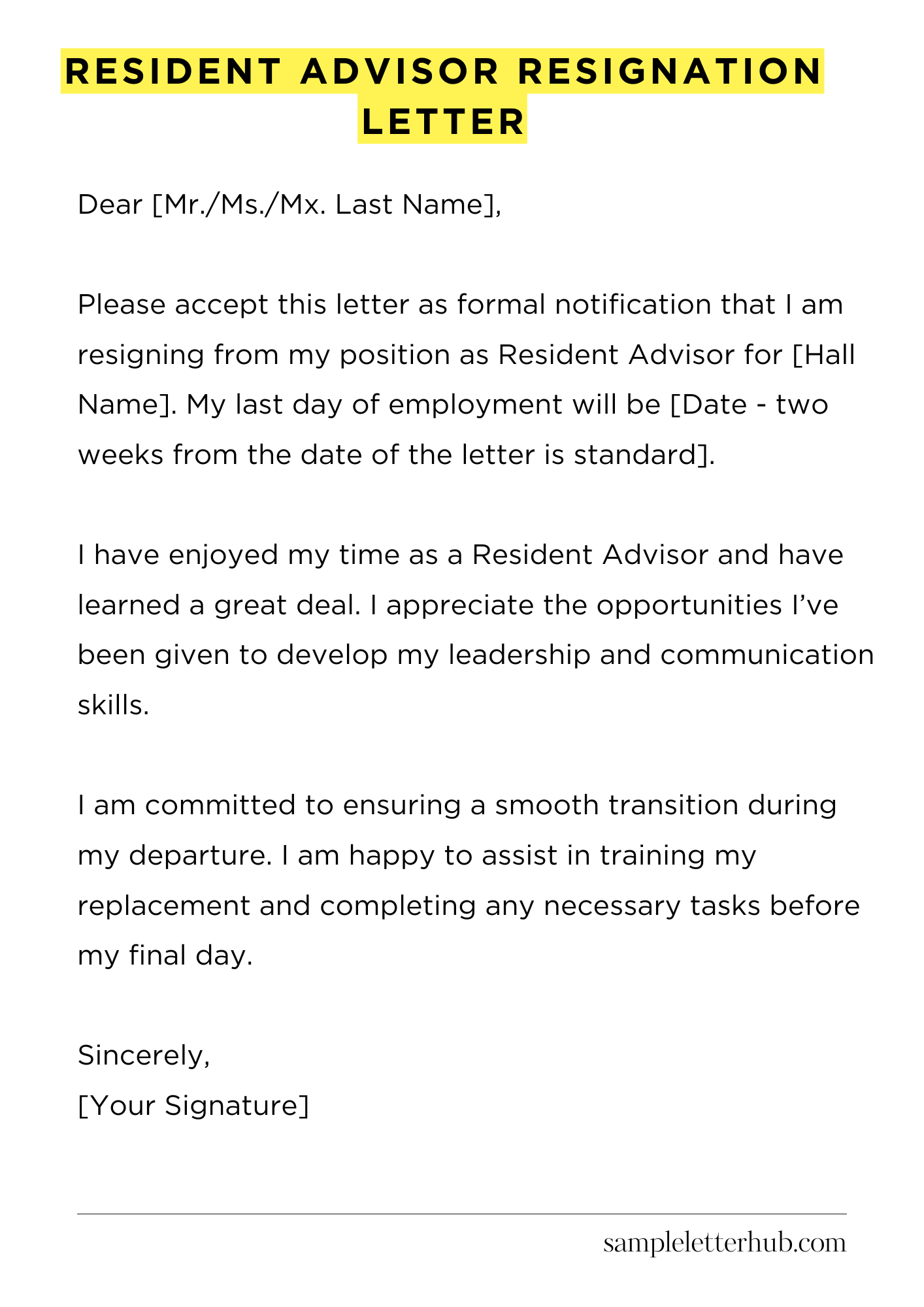 Resident Advisor Resignation Letter