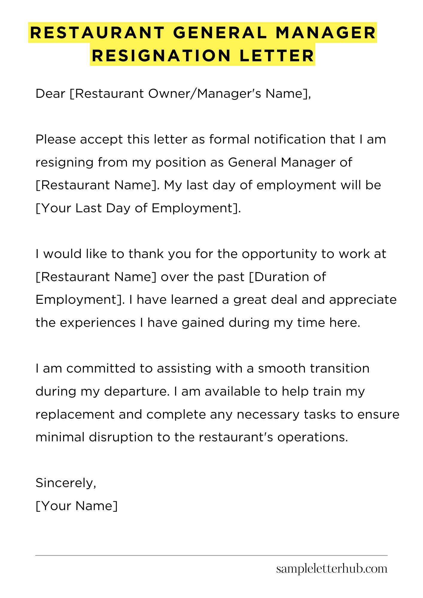 Restaurant General Manager Resignation Letter