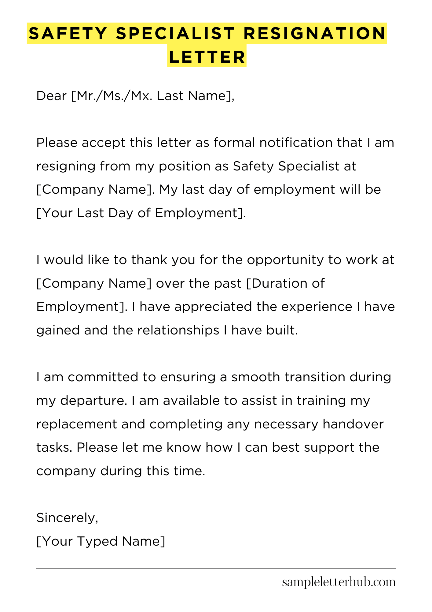 Safety Specialist Resignation Letter