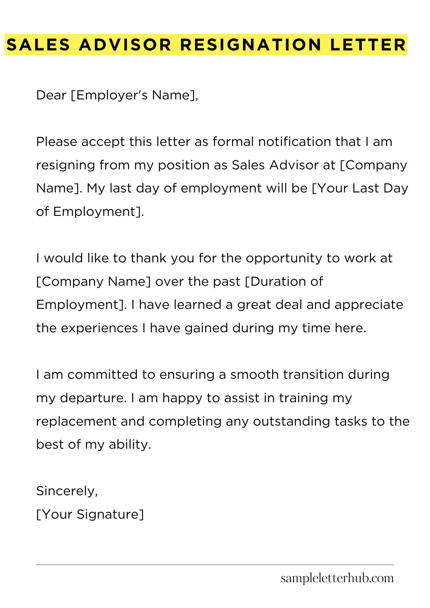 Sales Advisor Resignation Letter