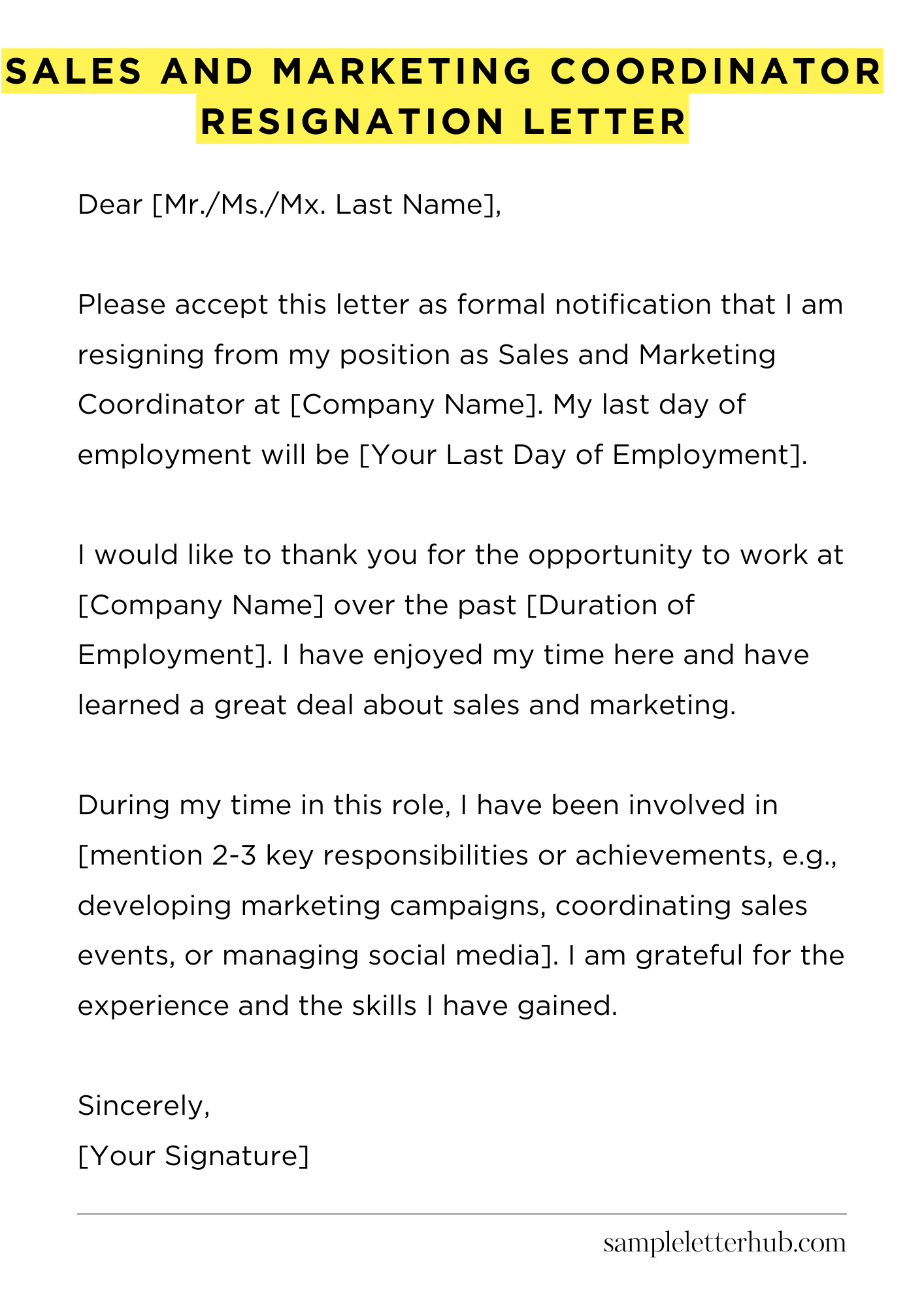 Sales And Marketing Coordinator Resignation Letter