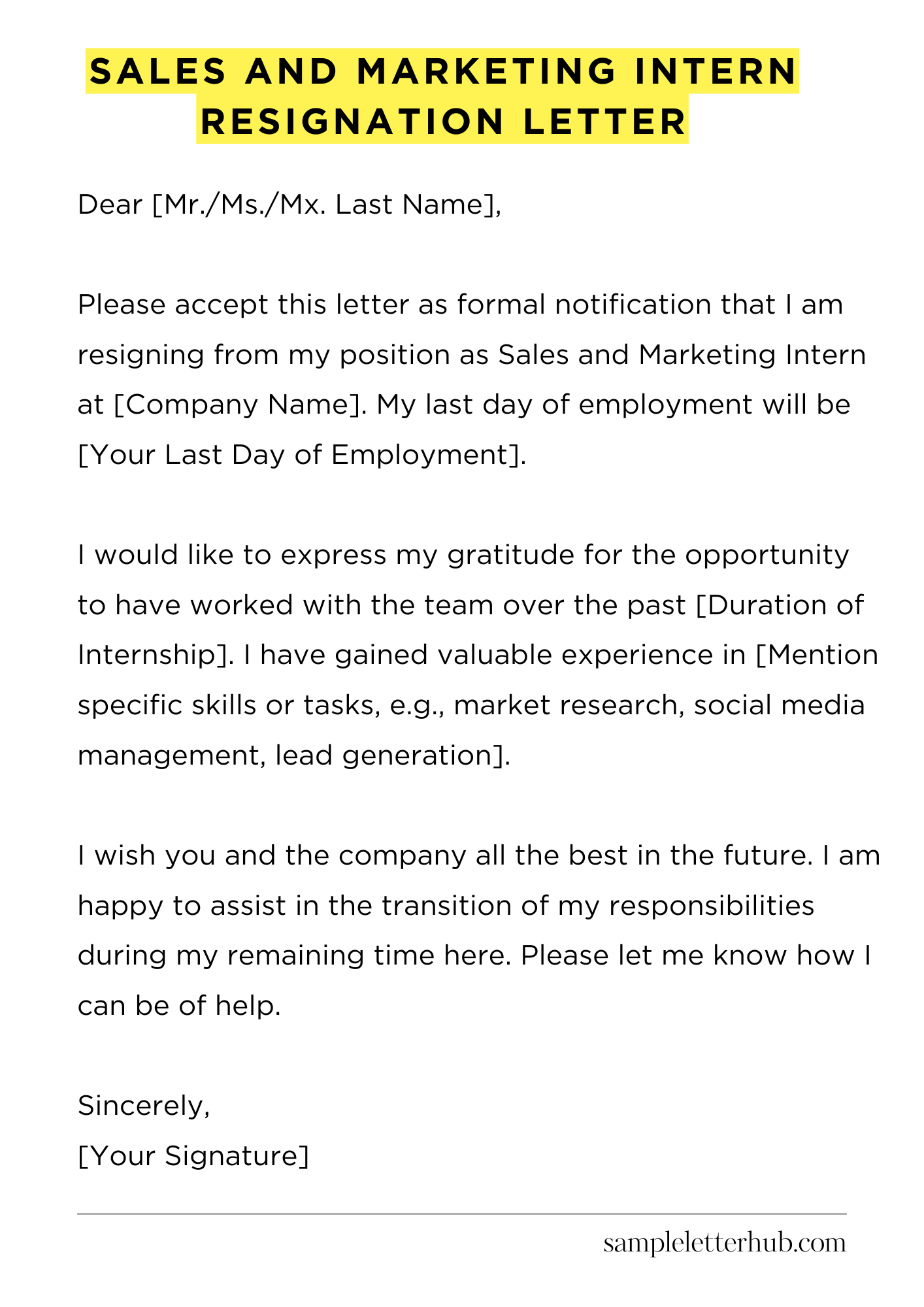 Sales And Marketing Intern Resignation Letter