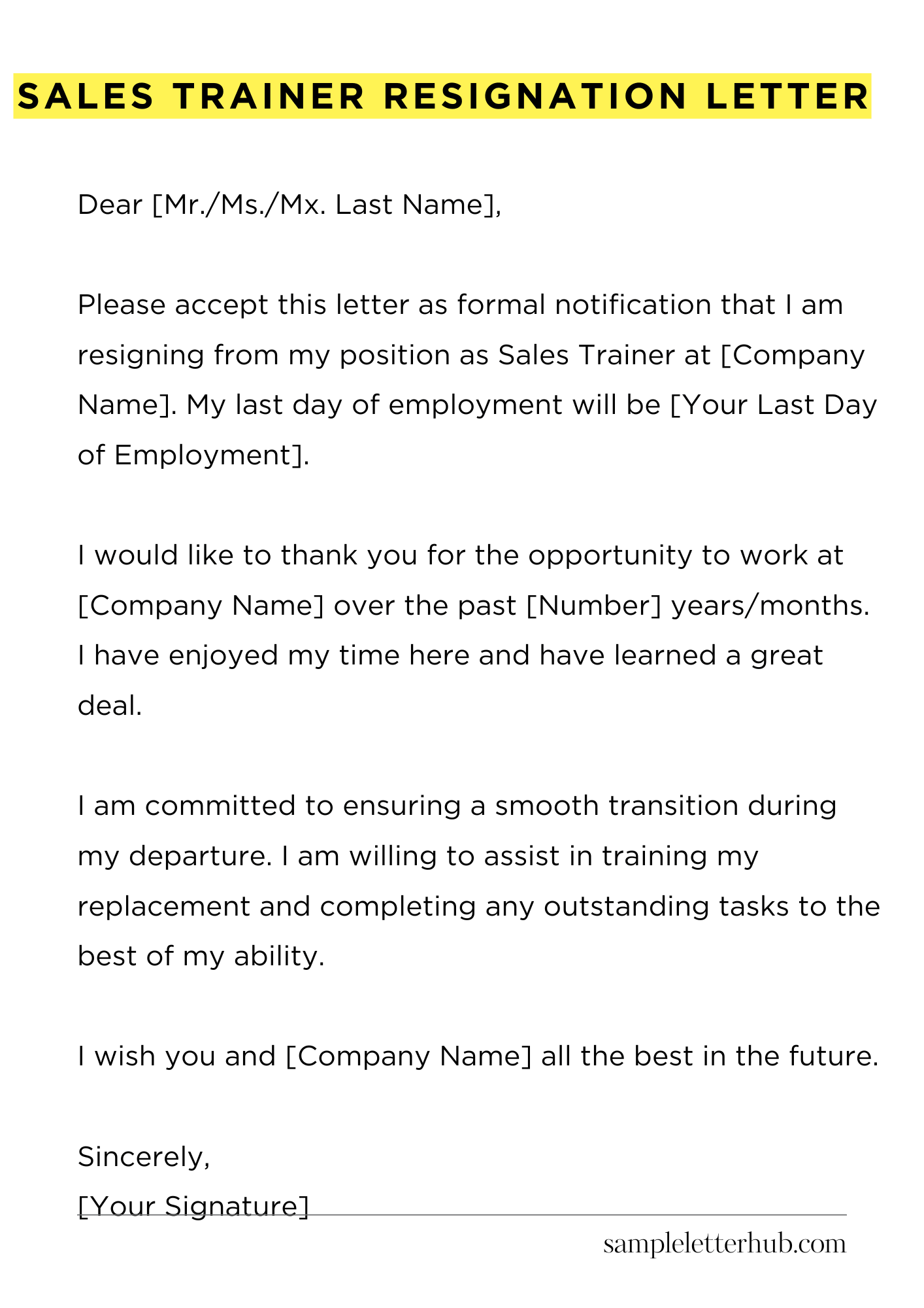 Sales Trainer Resignation Letter