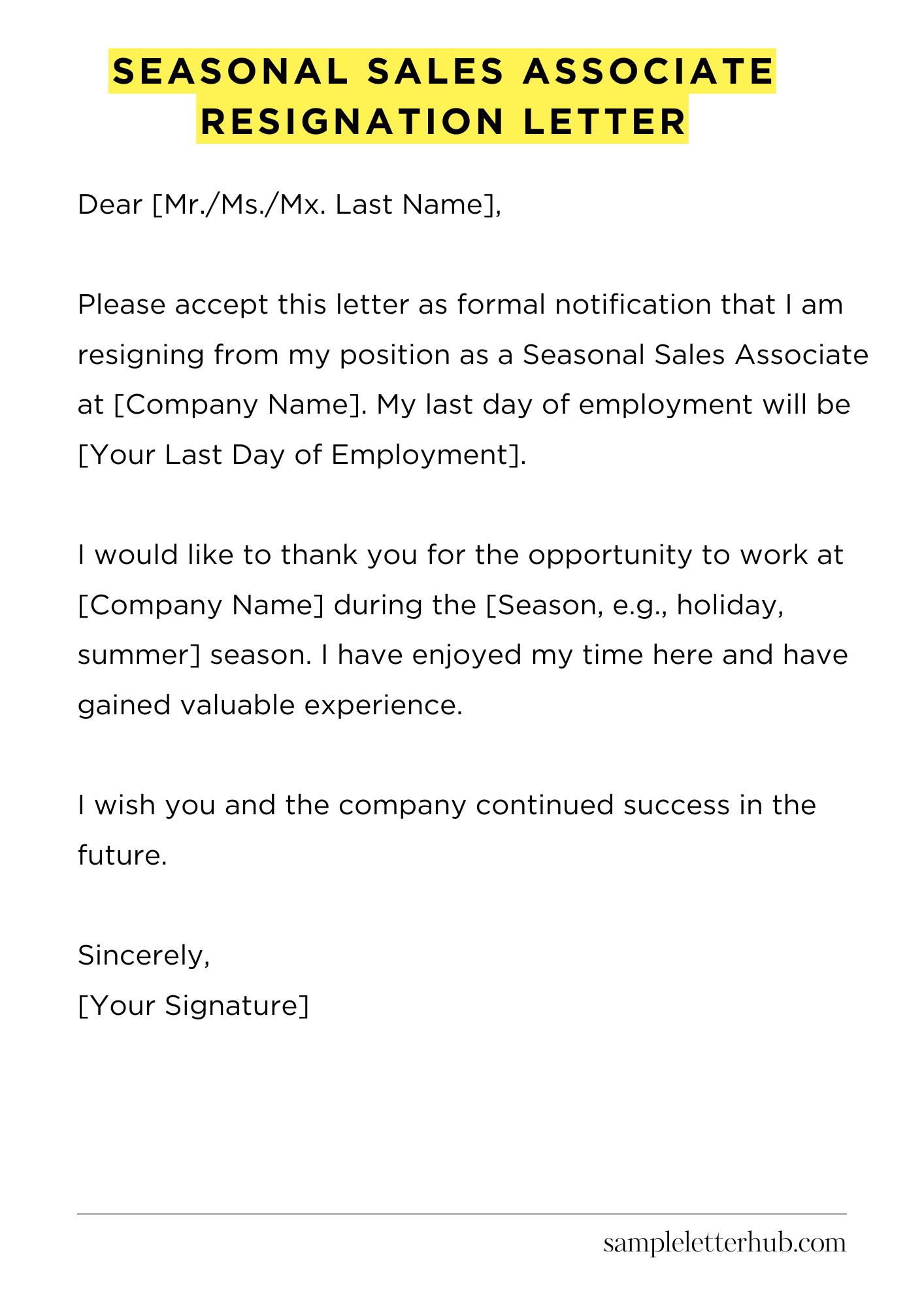 Seasonal Sales Associate Resignation Letter