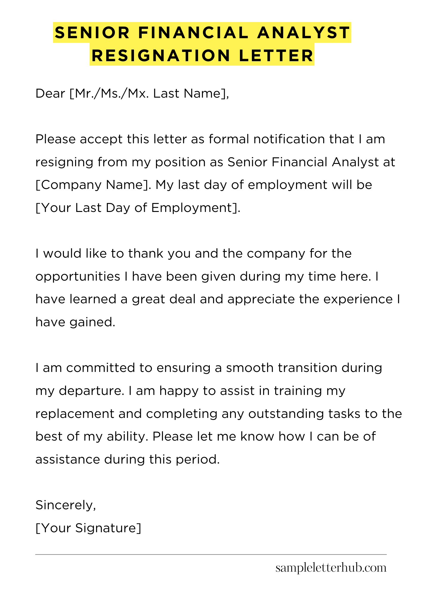 Senior Financial Analyst Resignation Letter