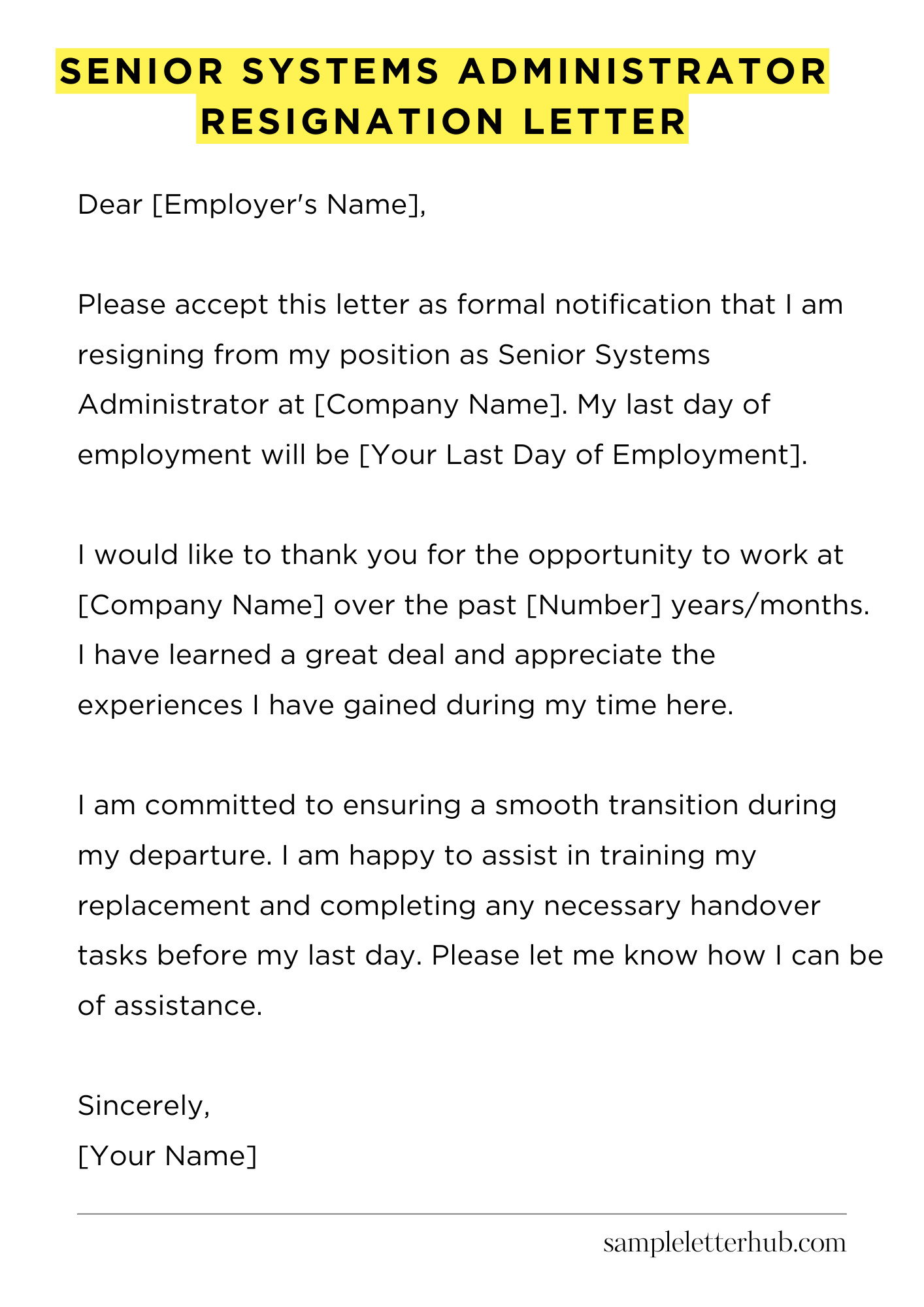 Senior Systems Administrator Resignation Letter