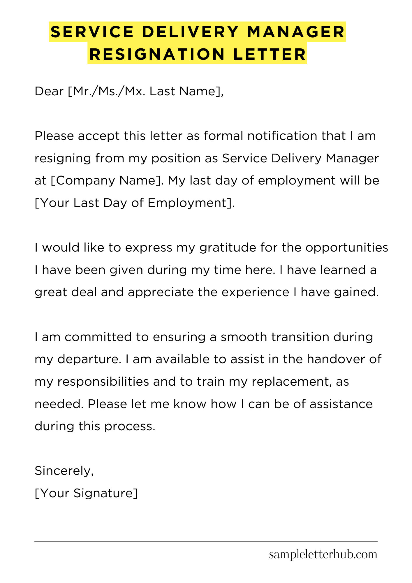 Service Delivery Manager Resignation Letter