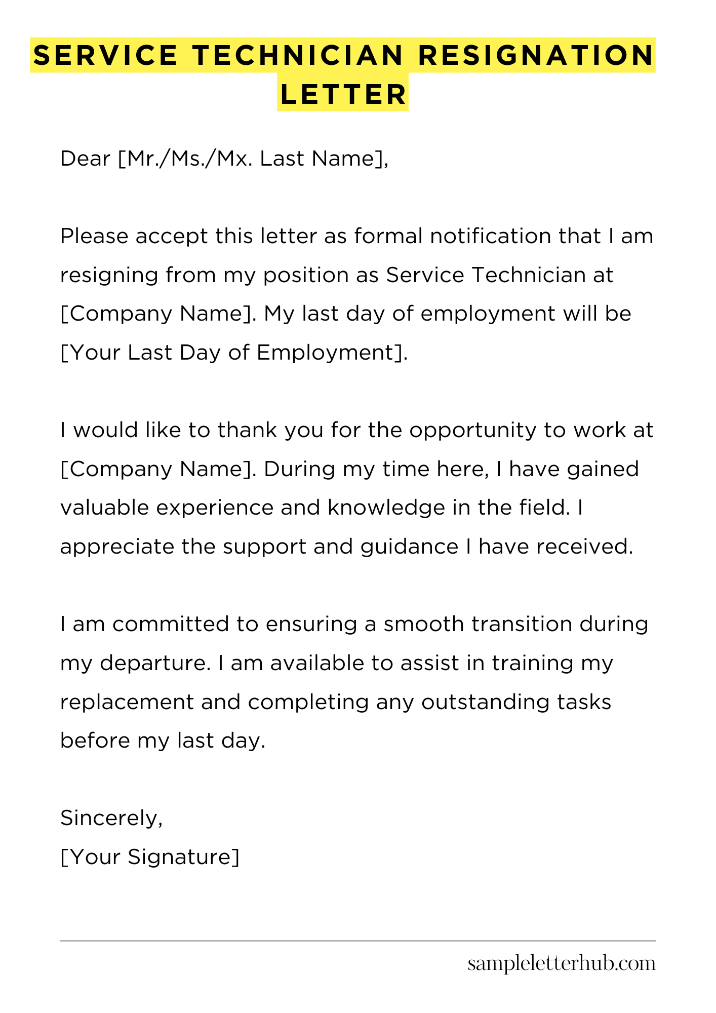 Service Technician Resignation Letter