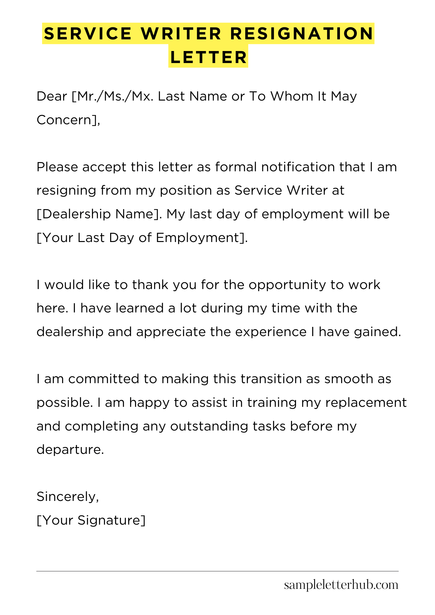Service Writer Resignation Letter