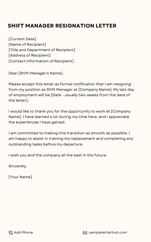 Shift Manager Resignation Letter