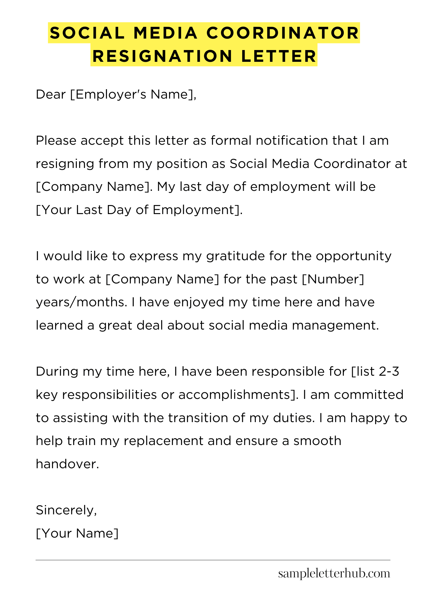 Social Media Coordinator Resignation Letter