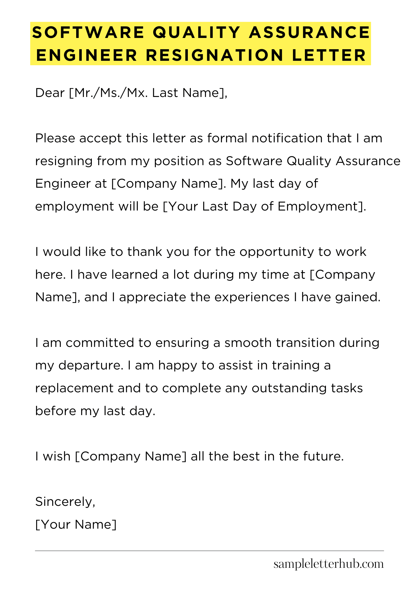 Software Quality Assurance Engineer Resignation Letter