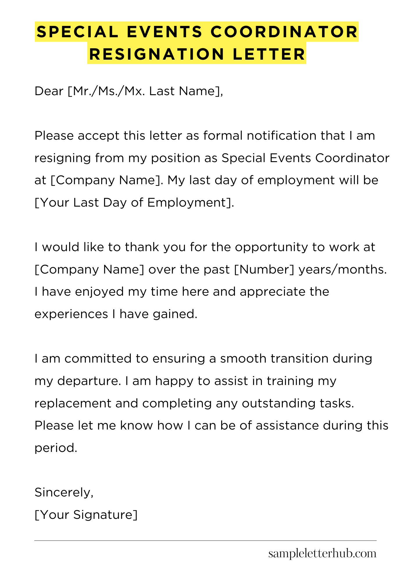 Special Events Coordinator Resignation Letter