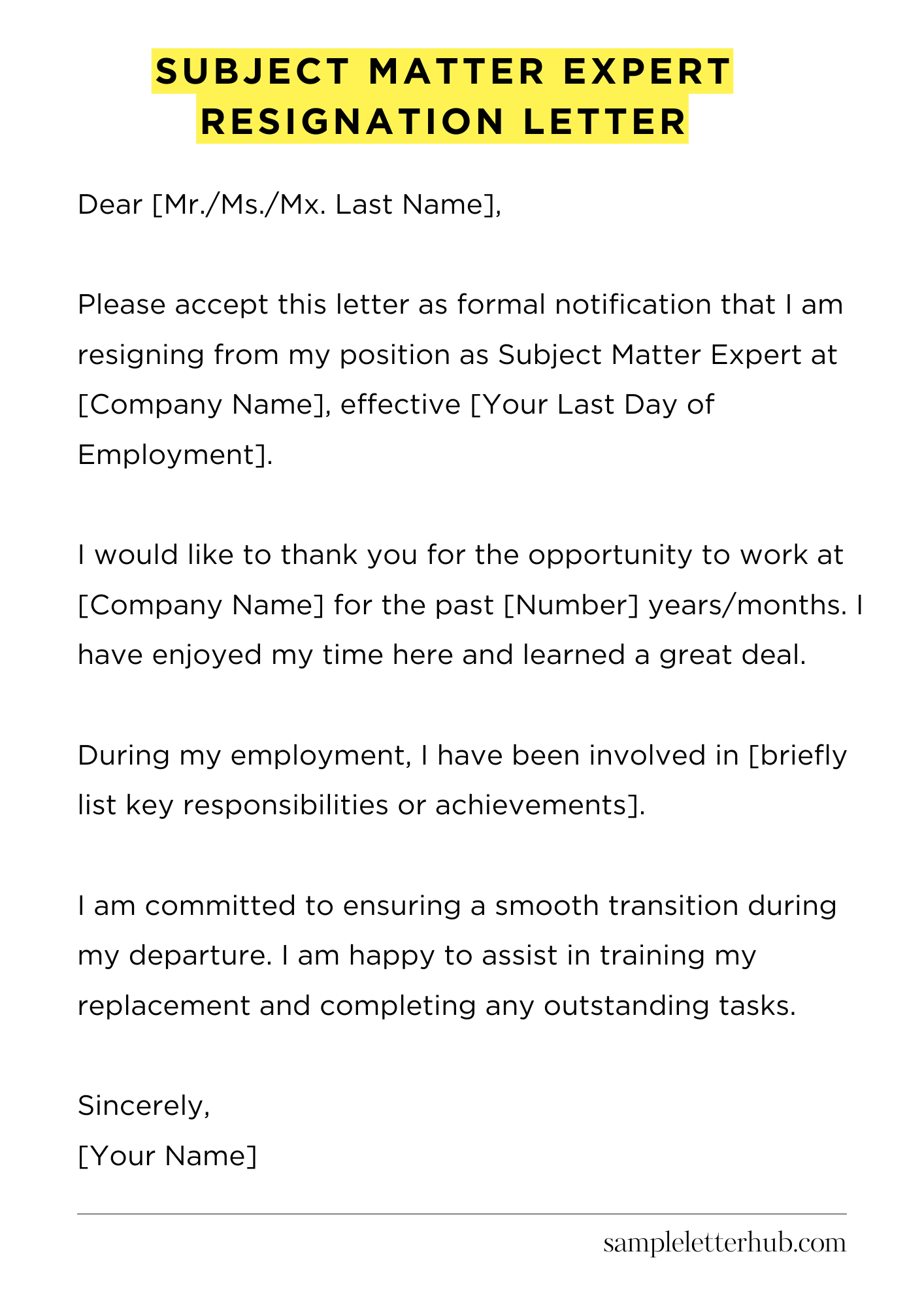 Subject Matter Expert Resignation Letter