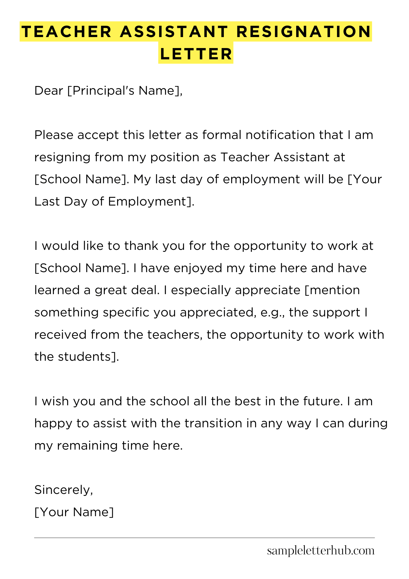 Teacher Assistant Resignation Letter