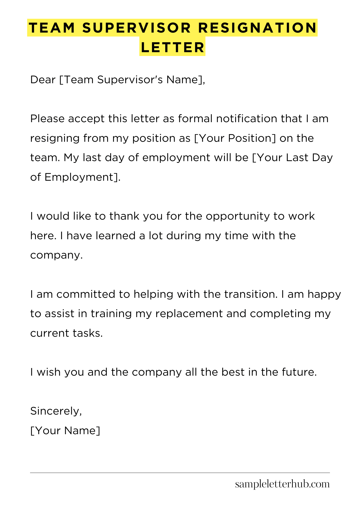 Team Supervisor Resignation Letter