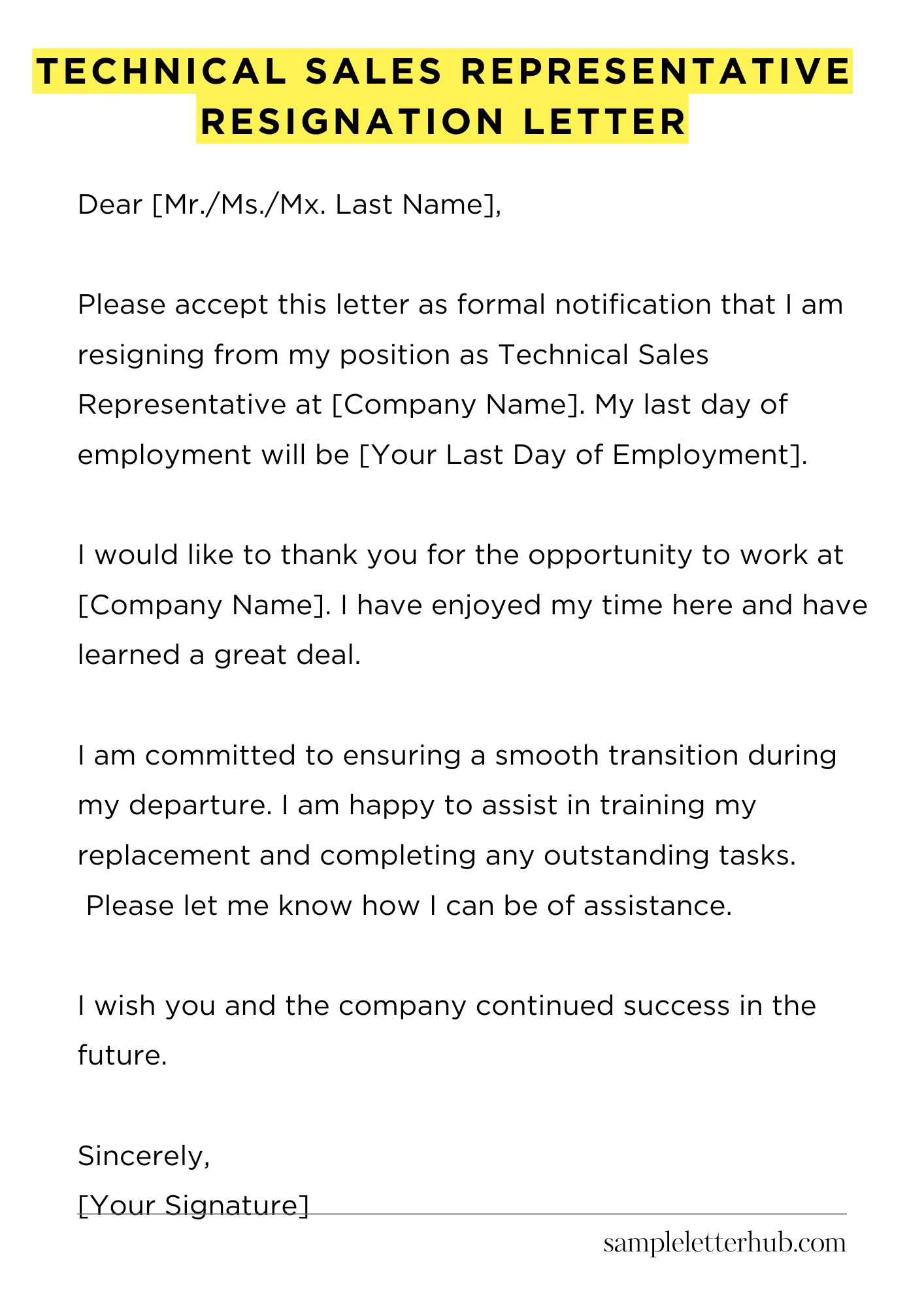 Technical Sales Representative Resignation Letter
