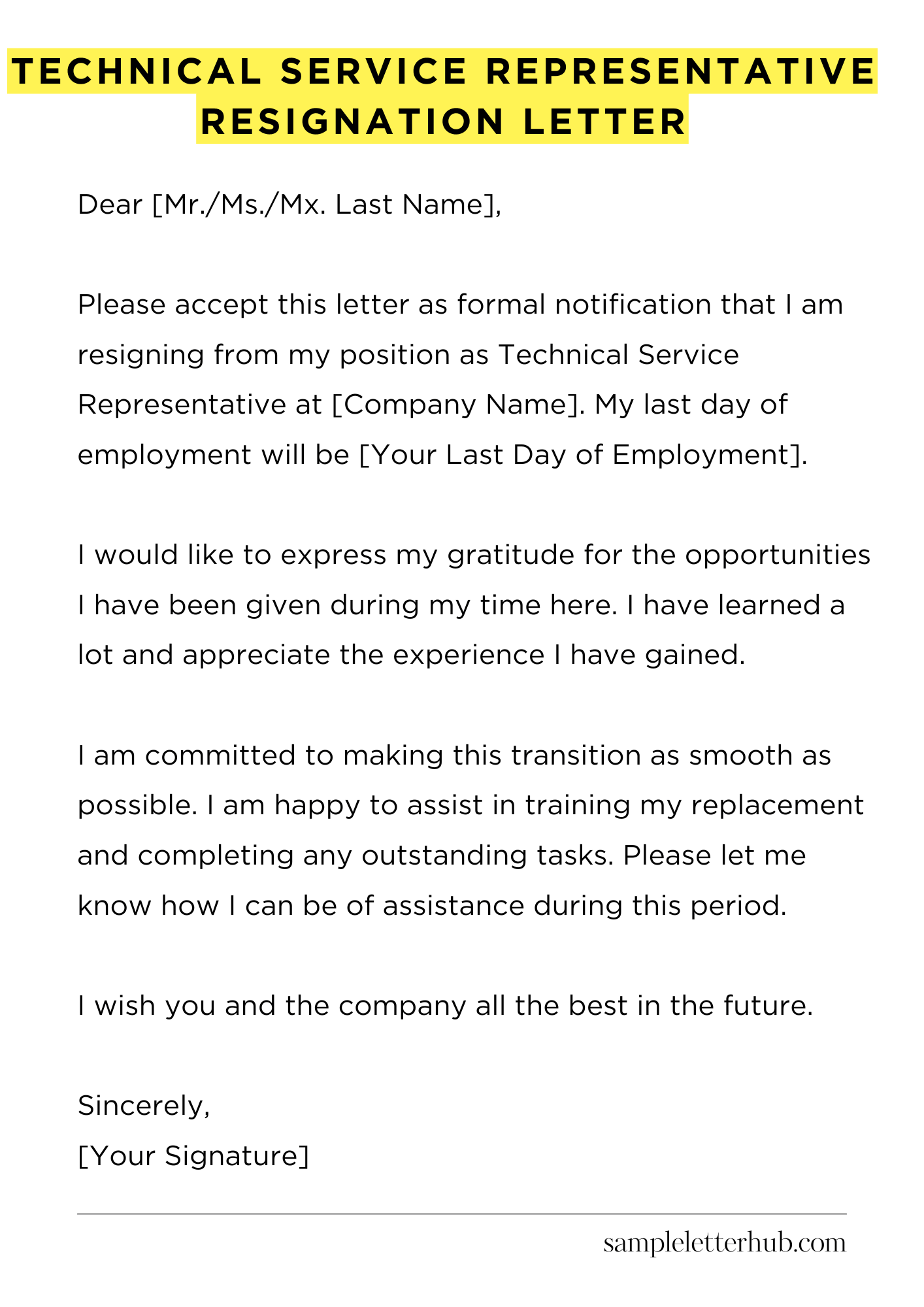 Technical Service Representative Resignation Letter