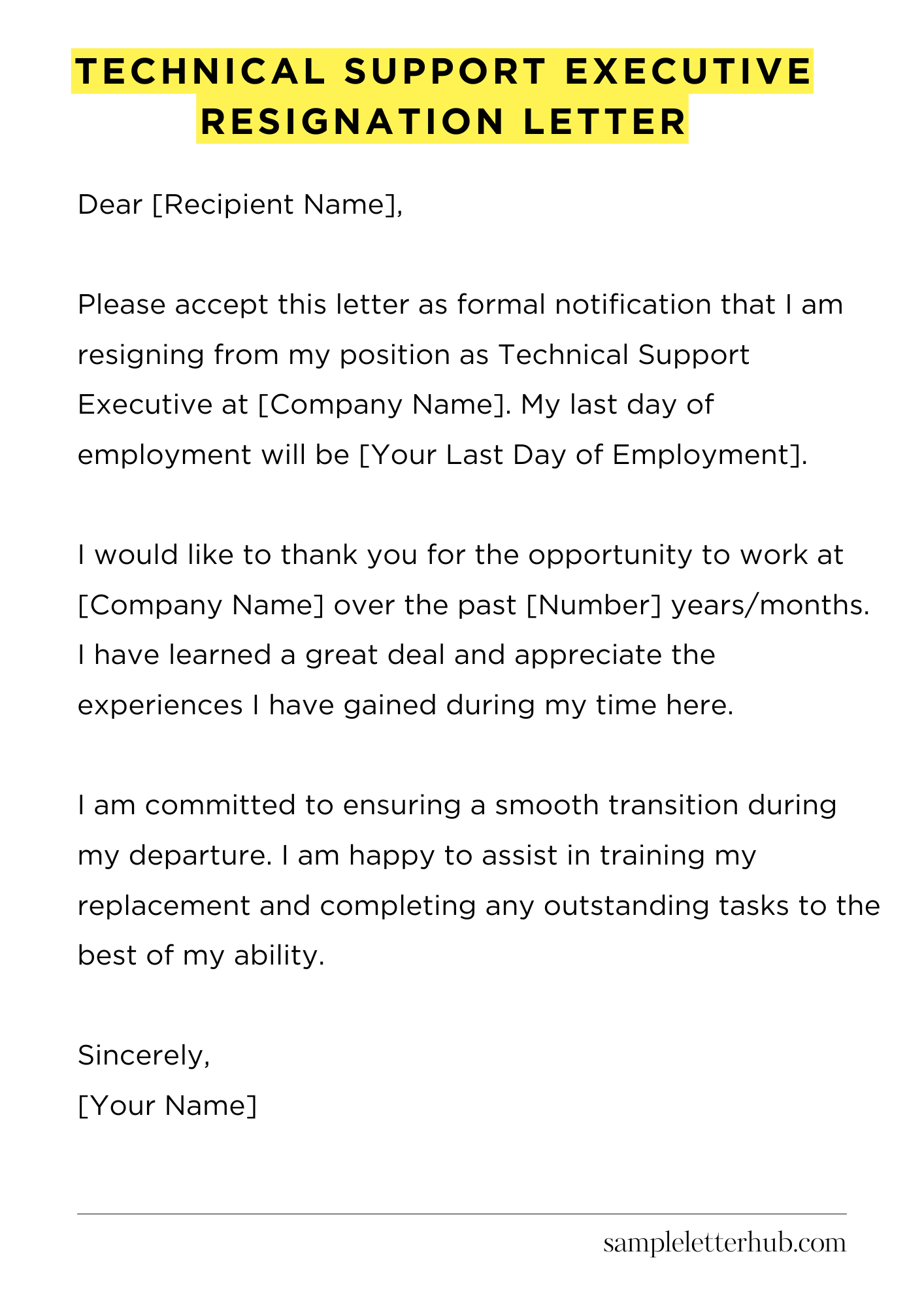 Technical Support Executive Resignation Letter