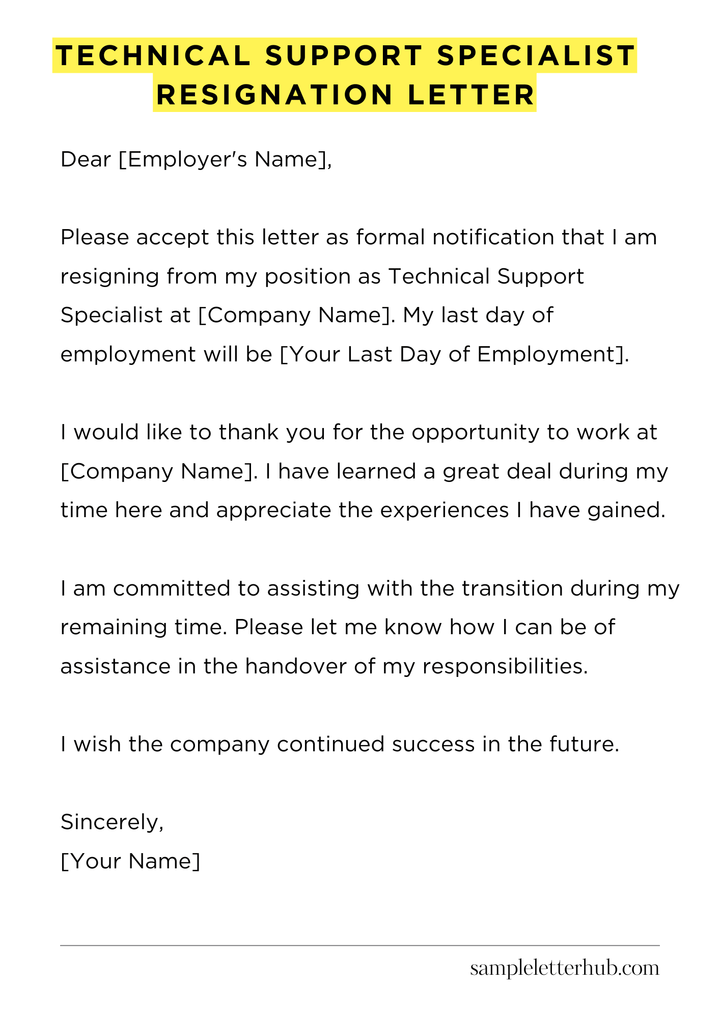 Technical Support Specialist Resignation Letter