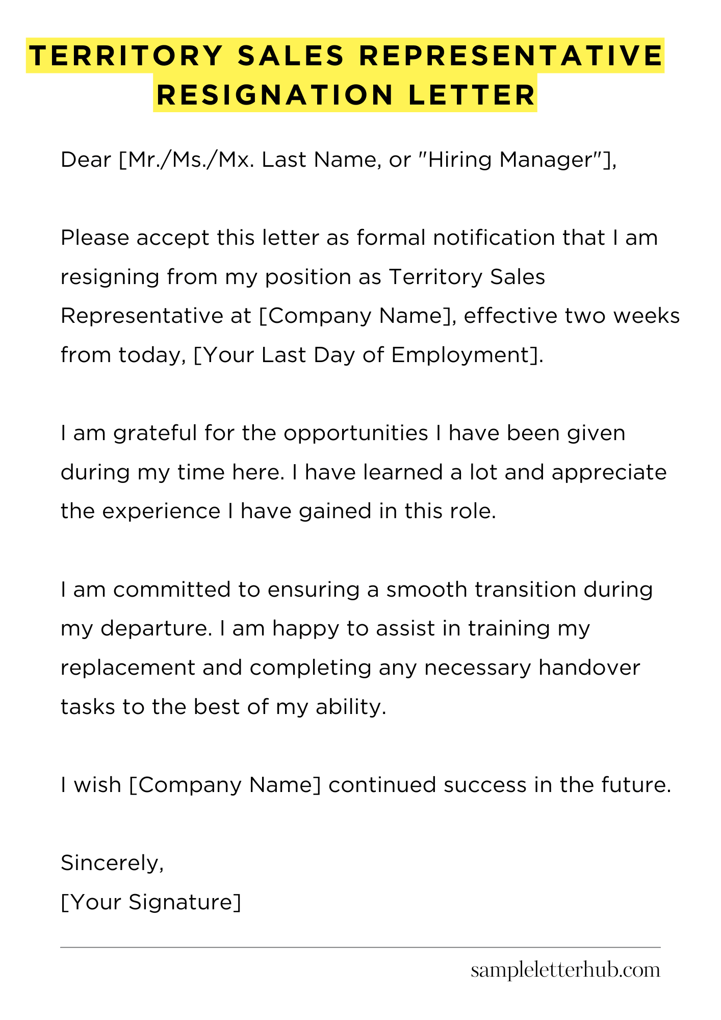 Territory Sales Representative Resignation Letter