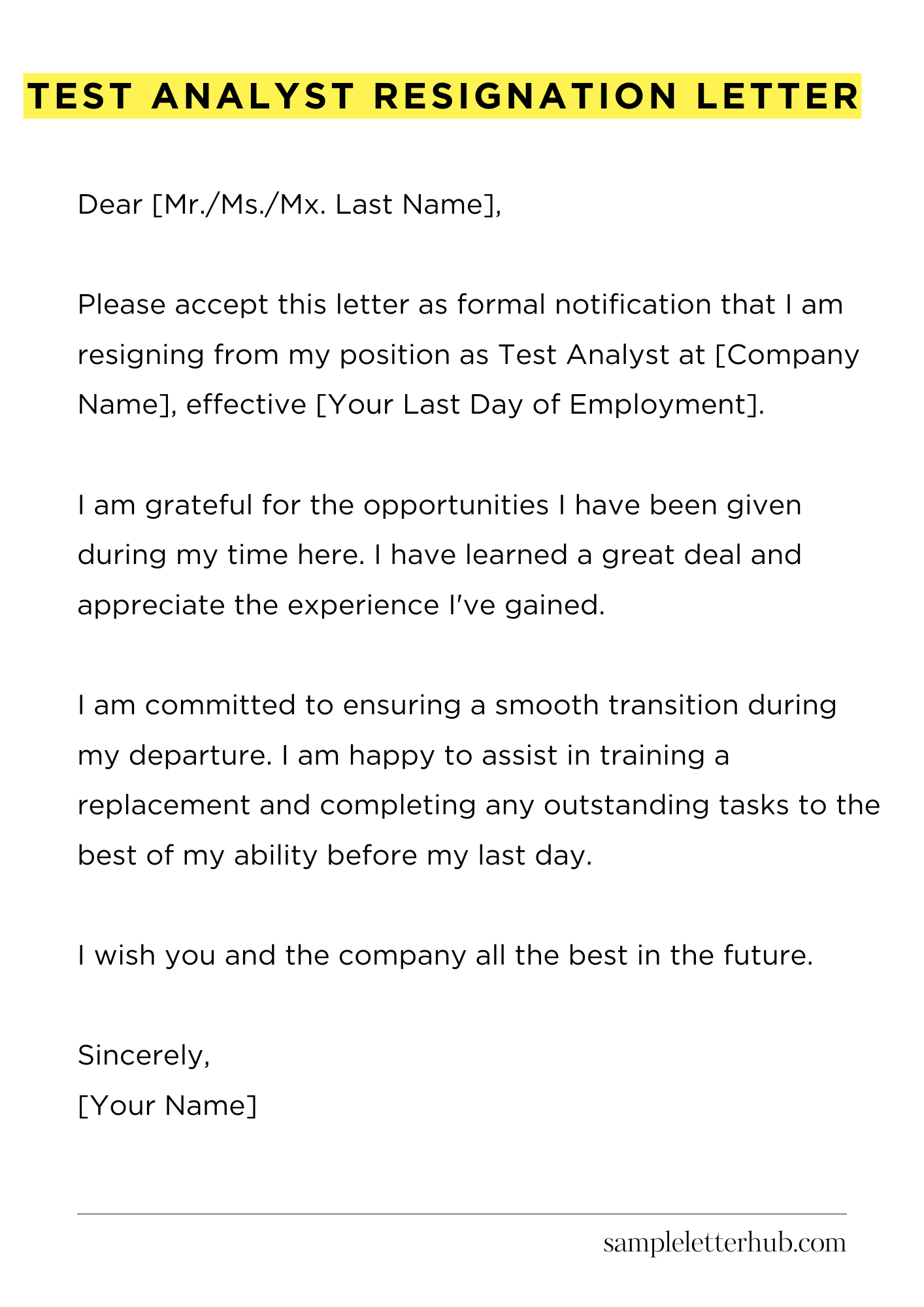 Test Analyst Resignation Letter