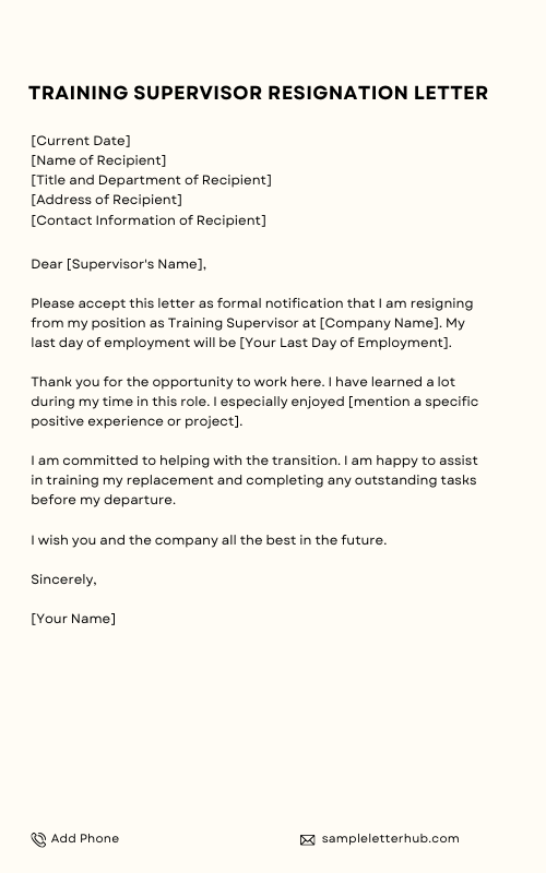 Training Supervisor Resignation Letter