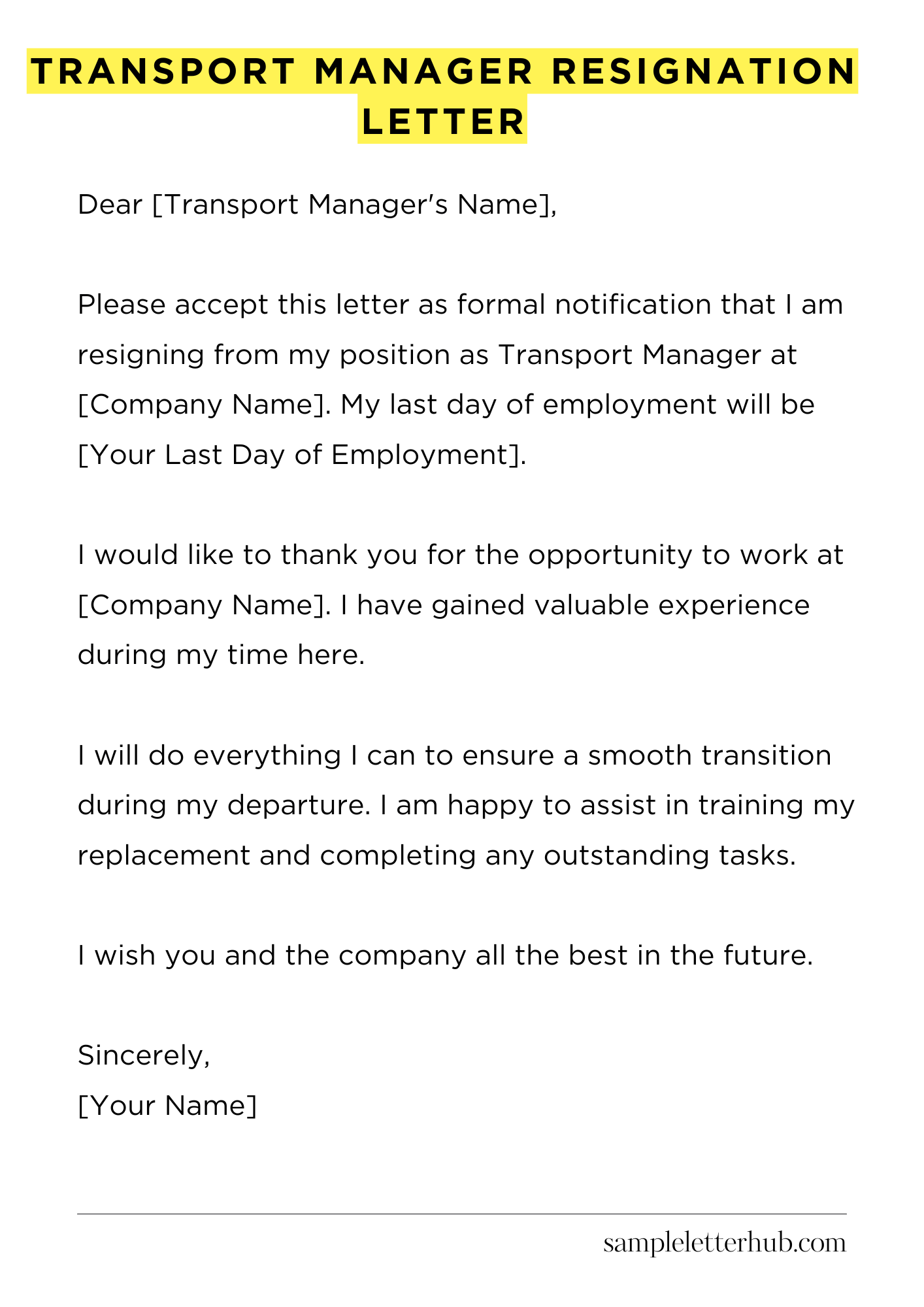 Transport Manager Resignation Letter