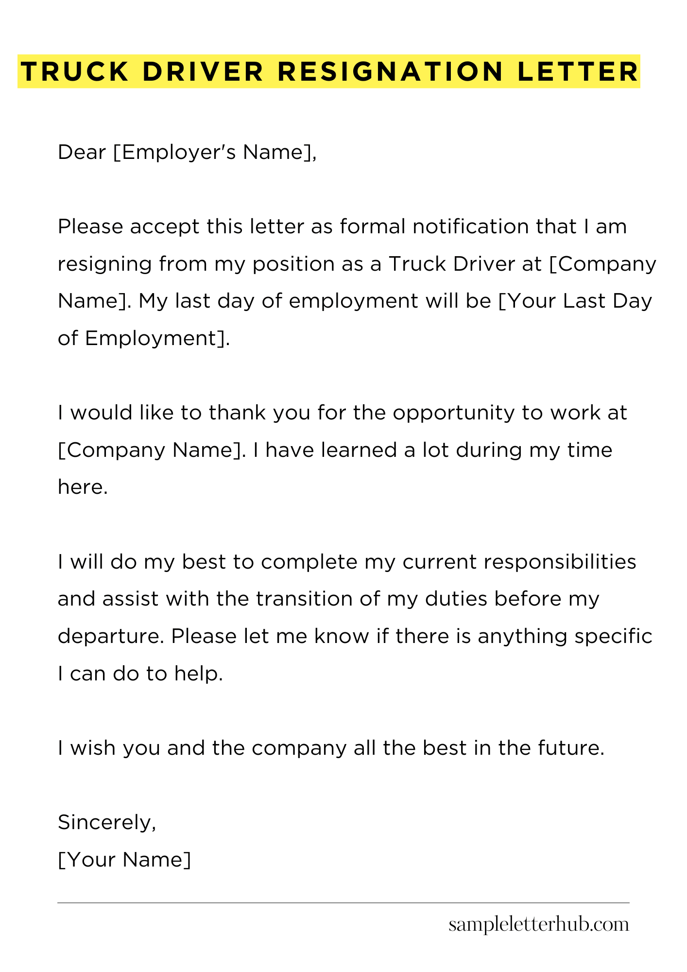 Truck Driver Resignation Letter