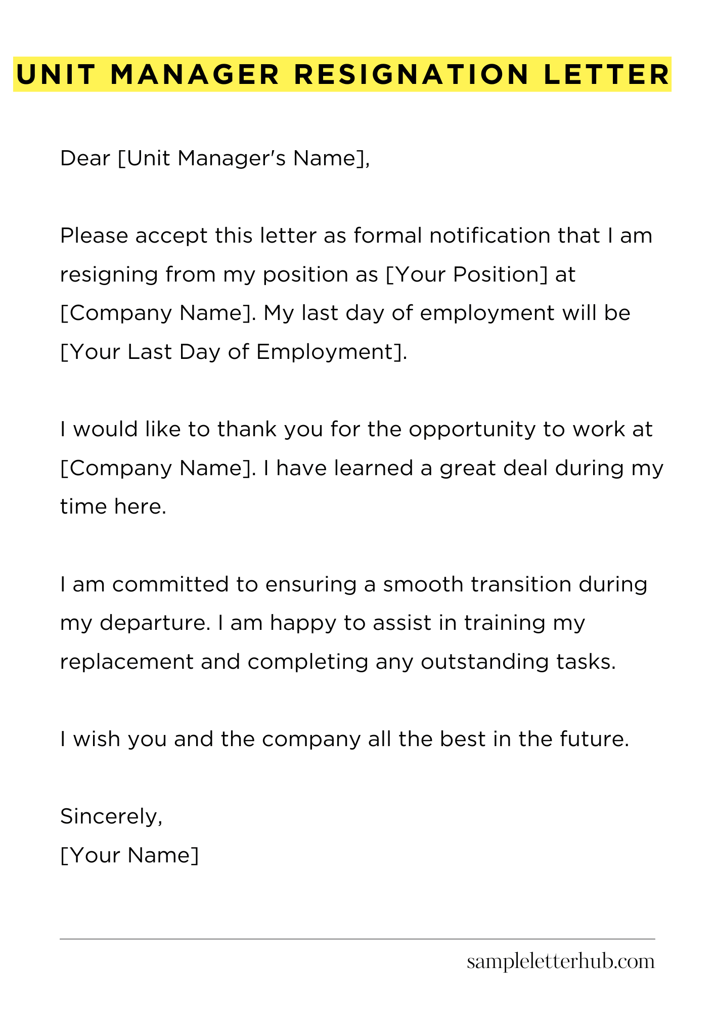 Unit Manager Resignation Letter