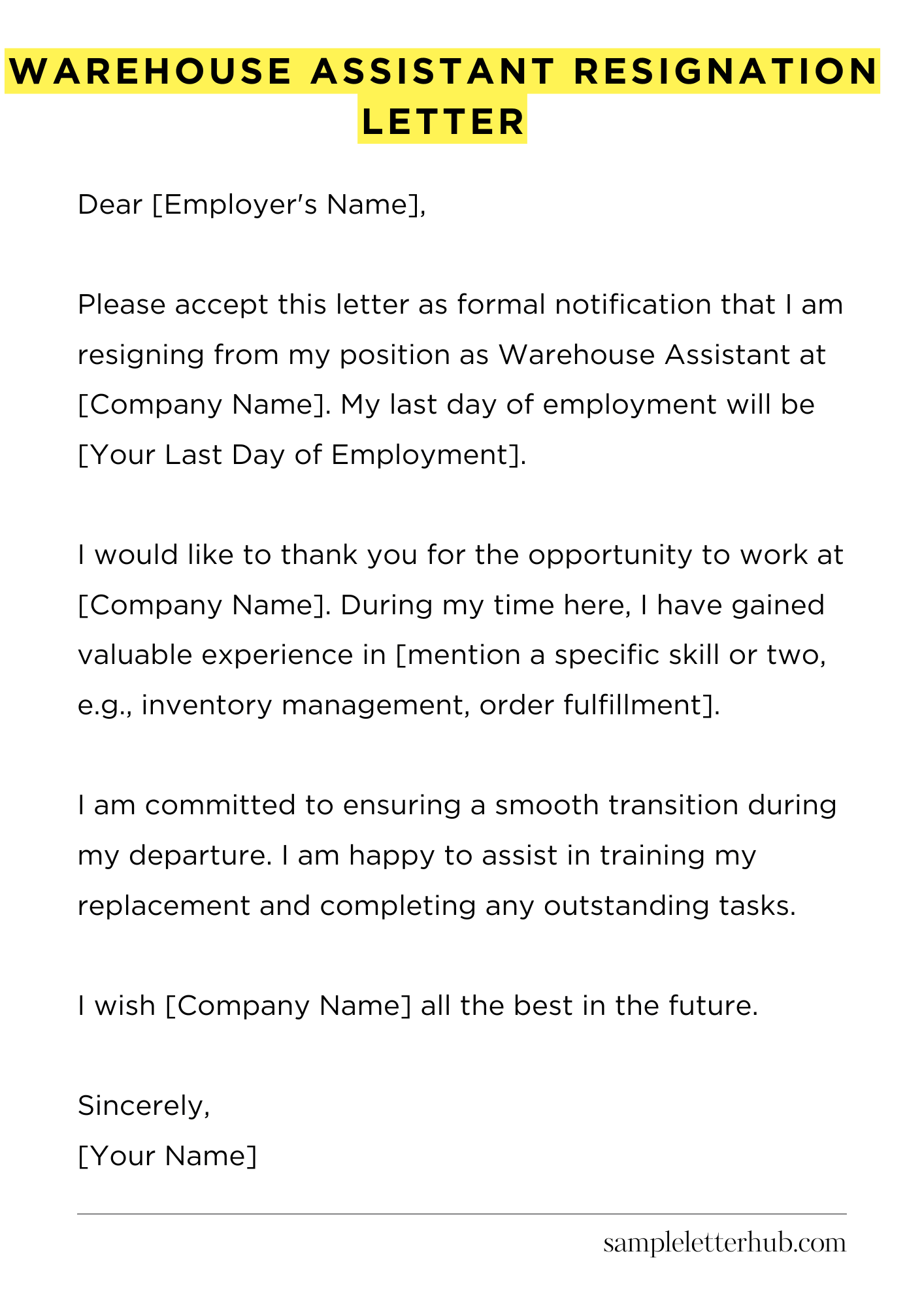 Warehouse Assistant Resignation Letter