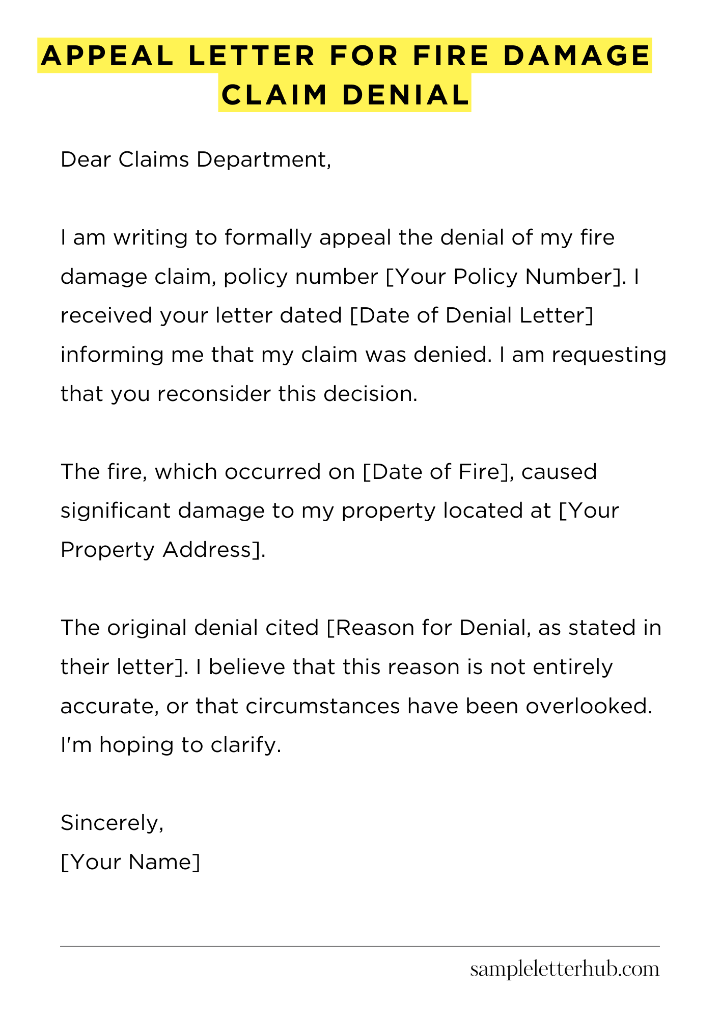 Appeal Letter for Fire Damage Claim Denial