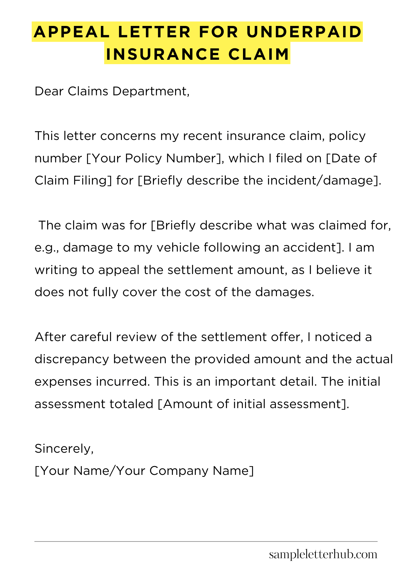 Appeal Letter for Underpaid Insurance Claim