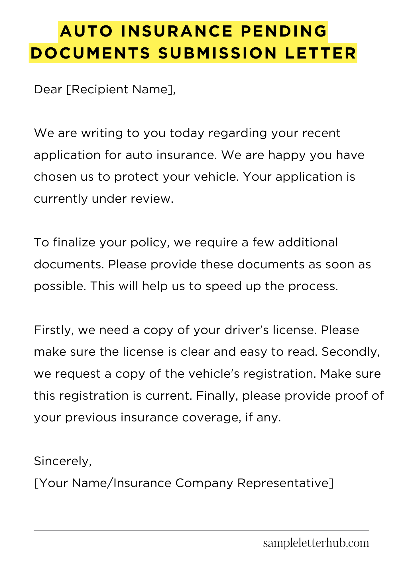 Auto Insurance Pending Documents Submission Letter