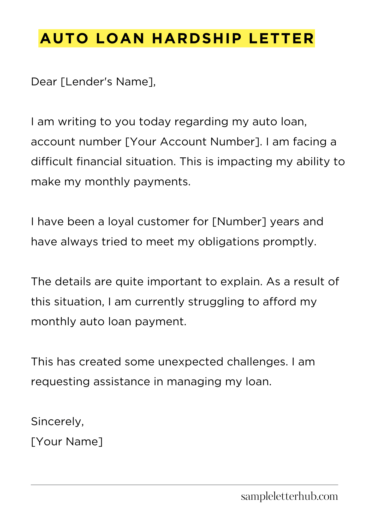 Auto Loan Hardship Letter