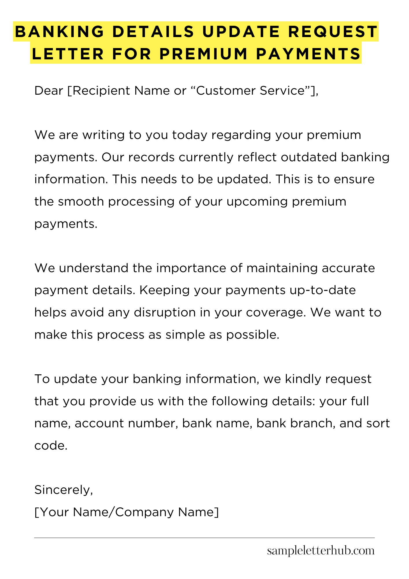 Banking Details Update Request Letter for Premium Payments
