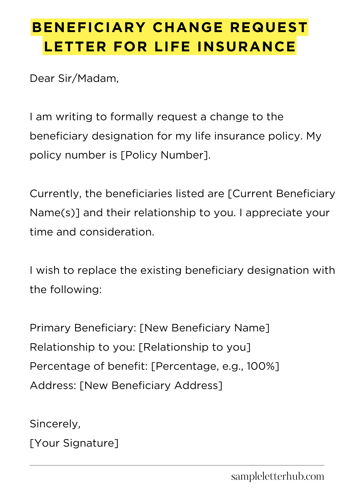 Beneficiary Change Request Letter for Life Insurance