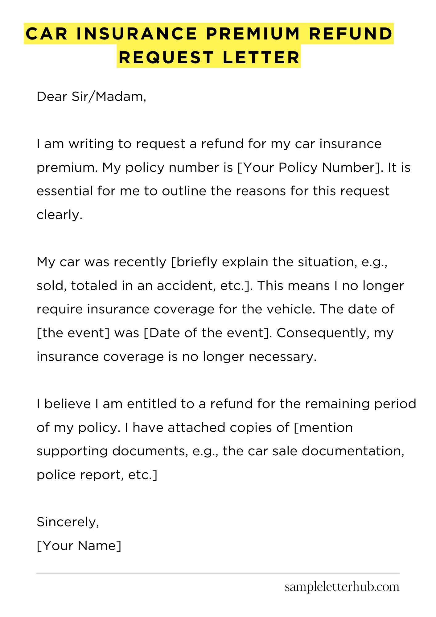 Car Insurance Premium Refund Request Letter