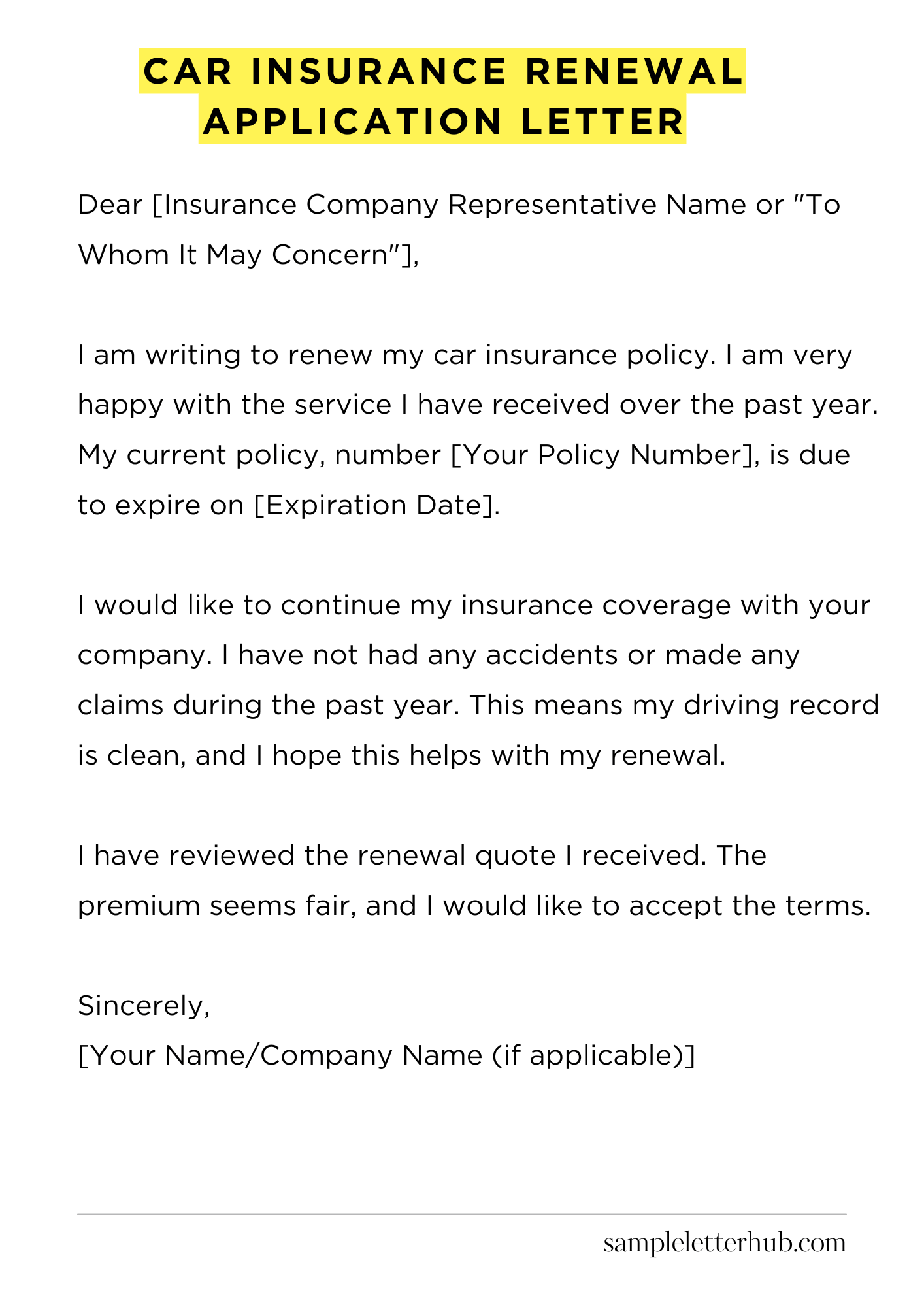 Car Insurance Renewal Application Letter