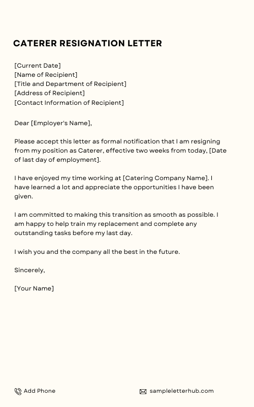 Caterer Resignation Letter