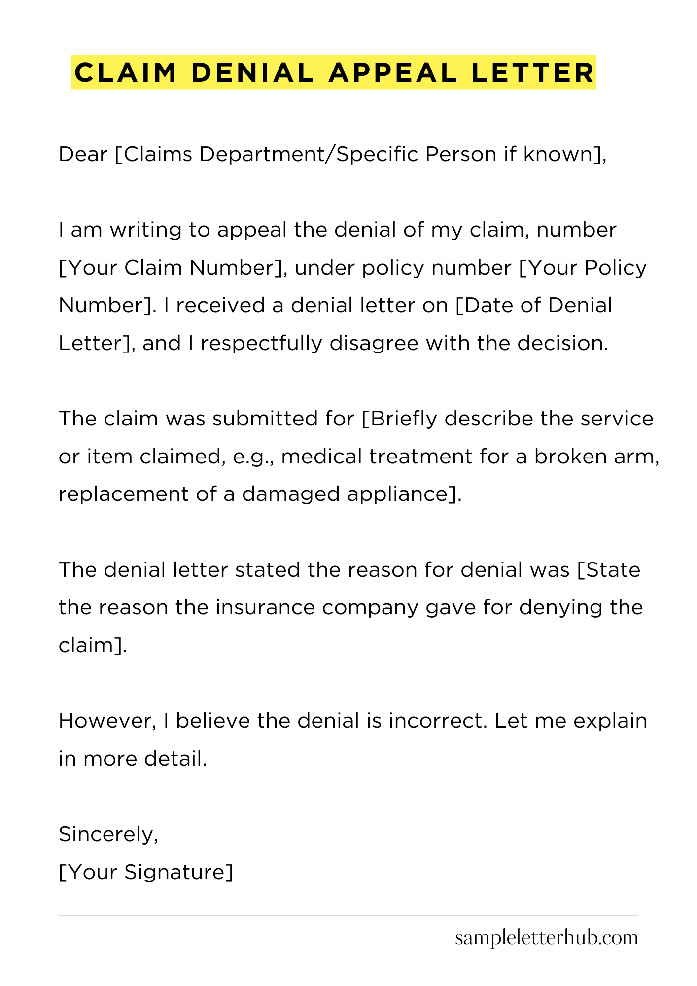 Claim Denial Appeal Letter