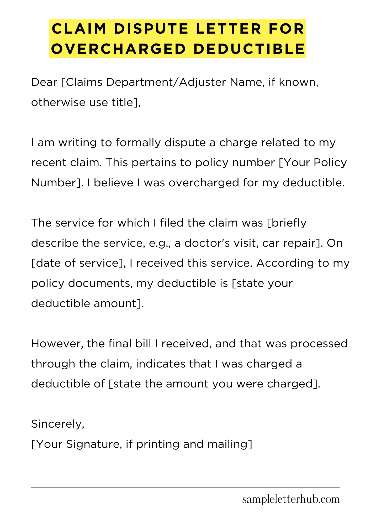 Claim Dispute Letter for Overcharged Deductible