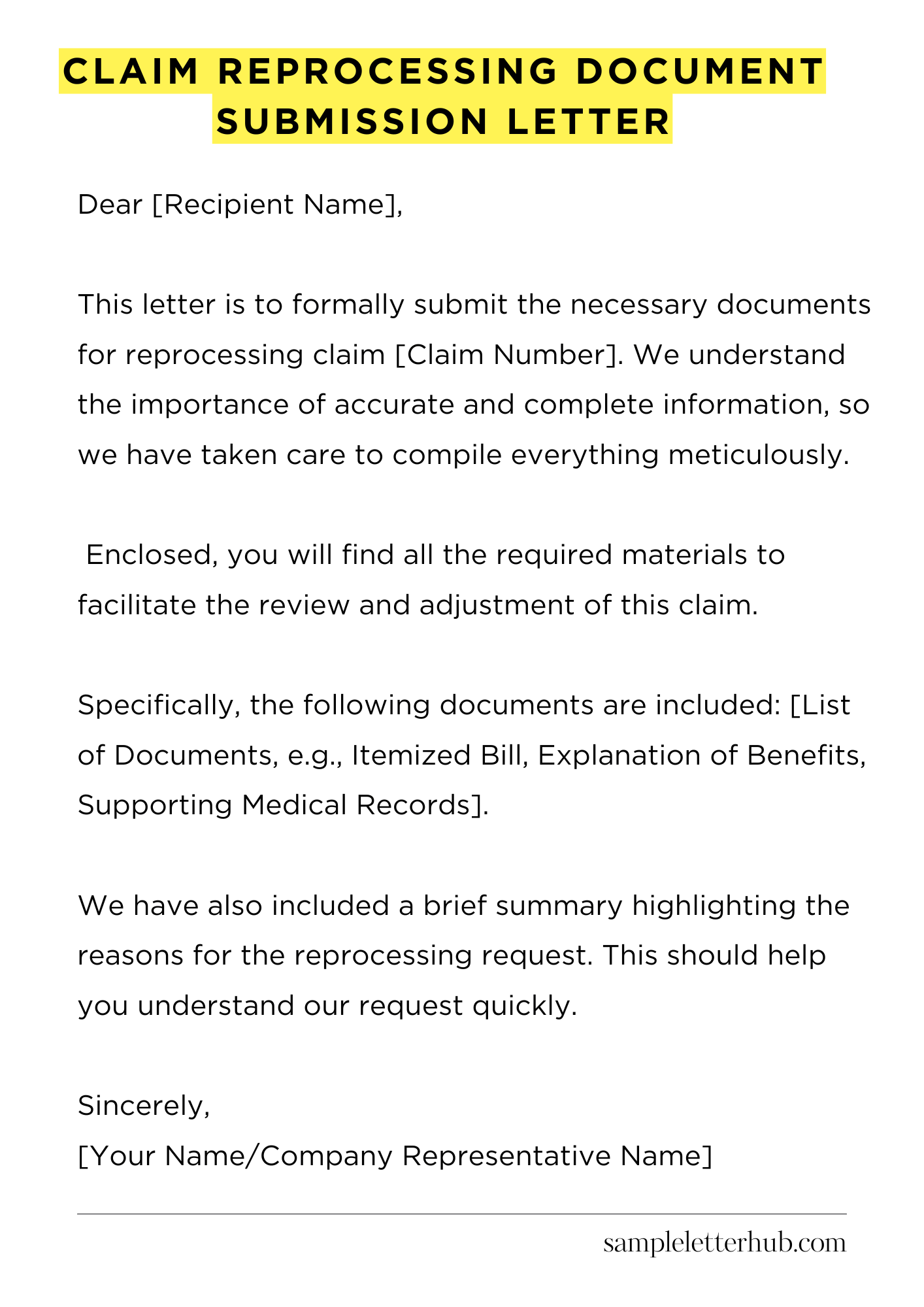 Claim Reprocessing Document Submission Letter