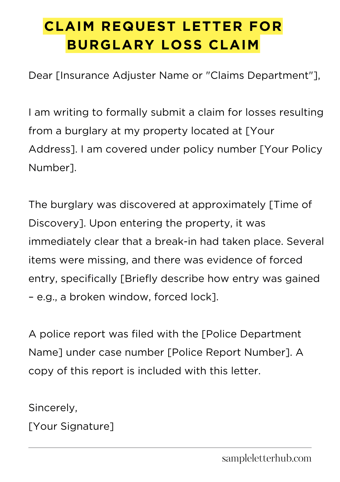 Claim Request Letter for Burglary Loss Claim
